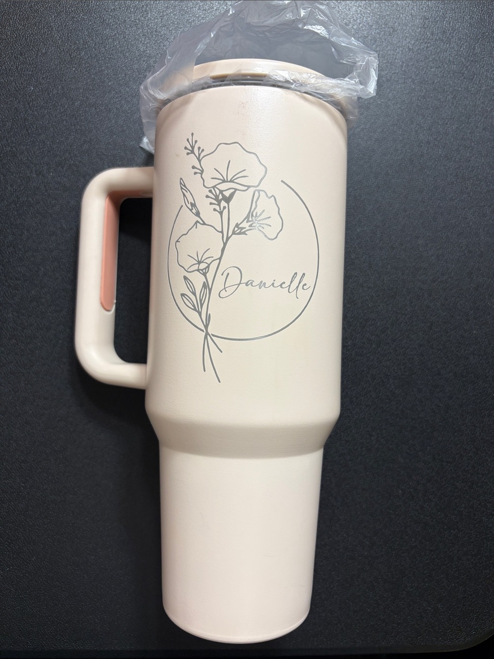 Personalized Cream Floral 40oz. Travel Tumbler with Handle “DANIELLE”